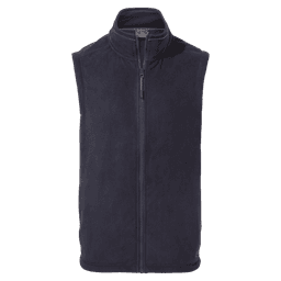 A navy fleece vest with a high collar and a front zipper. It features a logo on the fabric.