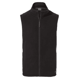 A black fleece vest featuring a high neck and a front zipper, with a logo on the lower side.