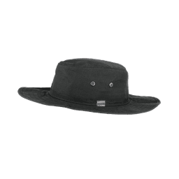 A black bucket hat with a wide brim and two ventilation holes, featuring a logo on the front.