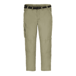 Khaki tailored trousers with a belt and side cargo pocket, designed for workwear. Features a logo on the waistband.