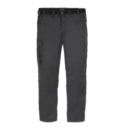 Dark grey tailored trousers featuring a side pocket and a waistband, designed for workwear. Includes a logo.