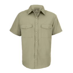 A short-sleeved shirt in olive green, featuring two chest pockets and a button-down front. It has a logo on the label.