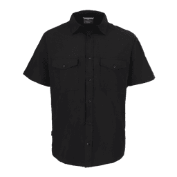 A short-sleeved black shirt featuring two chest pockets and a button-down front, with a logo on the label.