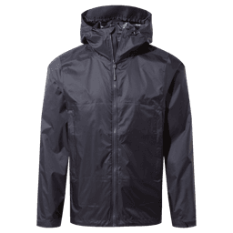 A packable jacket in black with a hood, featuring a front zipper and a logo on the chest.