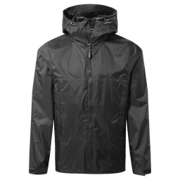 A packable jacket in black, featuring a hood and full front zip, with a logo on the chest.