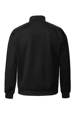 A black hybrid jacket with a high collar and long sleeves, featuring a branding logo.