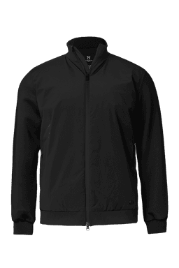 A black hybrid jacket featuring a zip front and a collar, with a logo on the chest area.