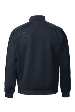 A navy hybrid jacket with a stand-up collar and elasticated cuffs, featuring a logo on the back.
