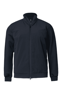 A navy blue hybrid jacket featuring a zip front and a stand-up collar, with a logo on the chest.