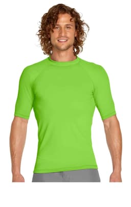 A short sleeve rashie in bright green, featuring a fitted design and a logo on the chest. Perfect for sun protection.