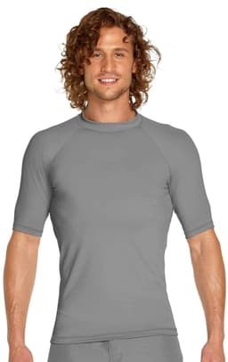 A grey short sleeve rashie featuring a fitted design, suitable for adult wear, with a logo on the chest.