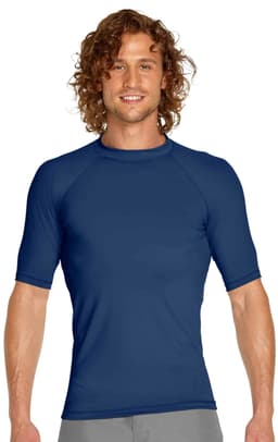 A navy short sleeve rashie with UPF 50+ protection and a fitted style, featuring a logo.