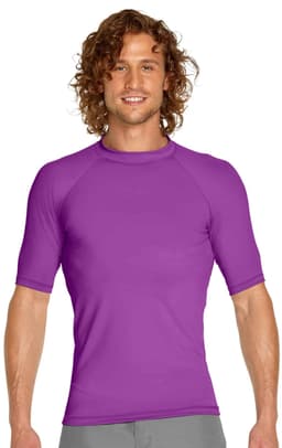 A purple adult short sleeve rashie featuring a fitted design and a logo on the chest.