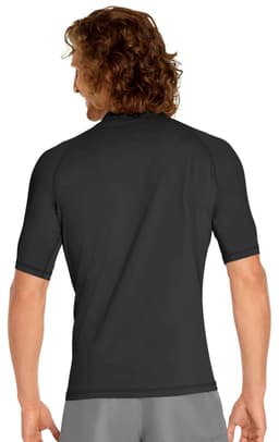 A short sleeve rashie in black with a fitted style and a logo on the back.