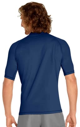 A short sleeve rashie in navy blue, featuring a fitted design and a logo on the back.