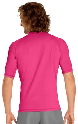 A pink adult short sleeve rashie with UPF 50+ protection, featuring a smooth, fitted design. The back view shows a plain design with a logo.