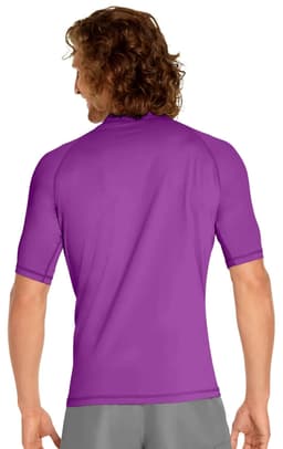 A purple adult short sleeve rashie with a UPF 50+ rating and a fitted design, featuring a brand logo.