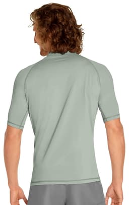 A short sleeve rash vest in light grey, featuring a fitted design and a logo on the back.