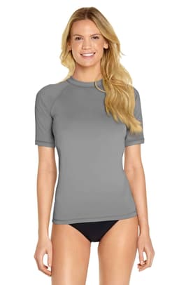 A grey adult short sleeve rashie with a fitted design, featuring a round neckline and a logo.