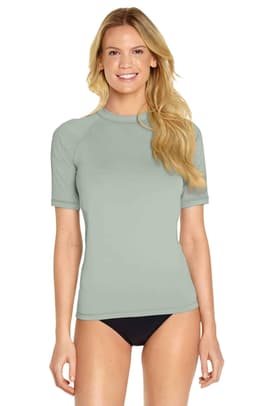 A short sleeve rashie in a light green colour, made for adults, featuring a logo.