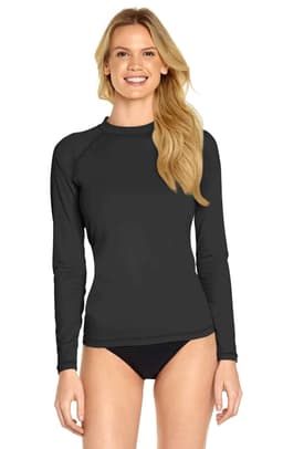 A long sleeve rashie in black with a fitted design, featuring a logo on the garment.