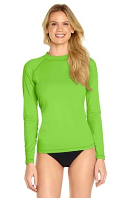 A long-sleeve rashie in bright green, featuring a fitted design and a round neckline. It has a logo on the chest.