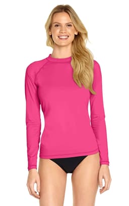 A long sleeve rashie in bright pink, featuring a fitted design and a logo on the sleeve.