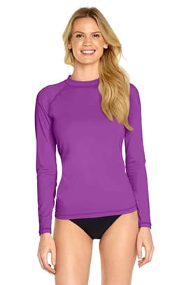 A long sleeve rash shirt in vibrant purple, featuring a fitted design and a round neckline, suitable for adults.