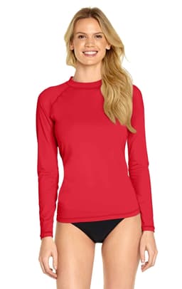A long sleeve rashie in bright red, featuring a crew neck and a fitted design. It has a logo on the sleeve.