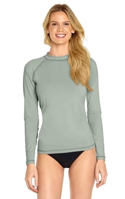 A light green long sleeve rashie with a fitted design, featuring a logo on the front.
