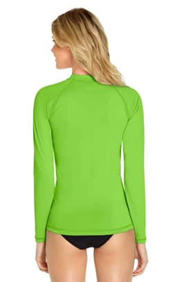 A long sleeve rashie in vibrant green with a fitted design and a back view. It features a logo on the sleeve.