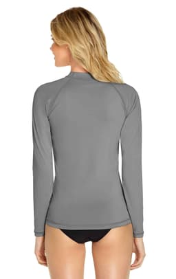 A long sleeve rashie in grey, featuring a high neckline and a fitted design, with a logo on the back.