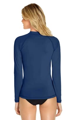 A long-sleeve rashie in navy blue with a fitted design, featuring a logo on the back.