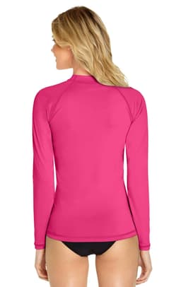 A bright pink long sleeve rashie featuring a high collar and a snug fit, with a logo on the back.