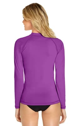 A long sleeve rashie in vibrant purple with a fitted design, featuring a logo on the back.