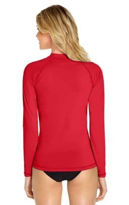 A long sleeve rashie in red with a high collar, featuring a logo on the back.