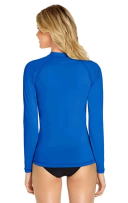 A bright blue long sleeve rashie with a fitted design and a high neck, featuring a logo on the back.