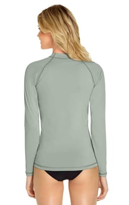 A long sleeve rashie in a muted green colour, featuring a logo on the back.