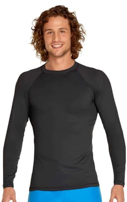 A man wearing a black long sleeve rashie with a fitted design and a logo on the chest.