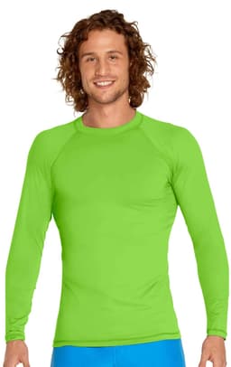 A bright green long sleeve rashie with UPF 50+ protection, featuring a fitted design and a logo.