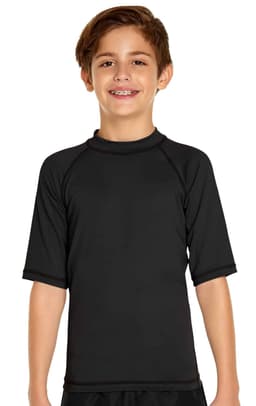 A youth short sleeve rashie in black, featuring a simple design and a logo on the chest.