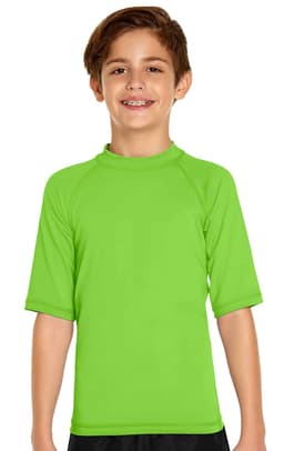 A bright green youth short sleeve rashie with a fitted design and a logo on the front.