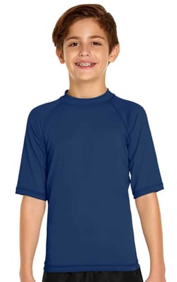 A young boy is wearing a navy blue short sleeve rashie designed for sun protection with a logo on it.