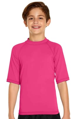A pink youth short sleeve rashie with a collar. It features a logo on the chest and is made for sun protection.
