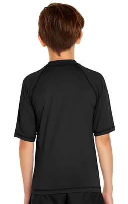 A black youth short sleeve rashie with a UPF 50+ rating, featuring a simple design and a logo.