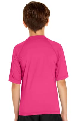 A youth short sleeve rashie in vibrant pink with a logo on the back. Suitable for sun protection with UPF 50+.