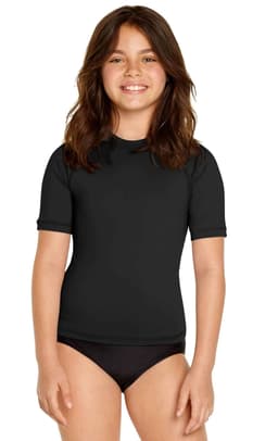 A black youth short sleeve rashie, offering UPF 50+ protection, made from stretchy material. It features a logo.