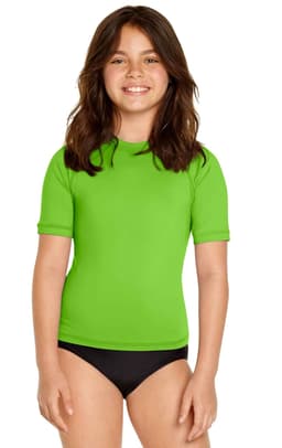 A youth short sleeve rashie in bright green, featuring a round neckline and short sleeves, displayed on a model.