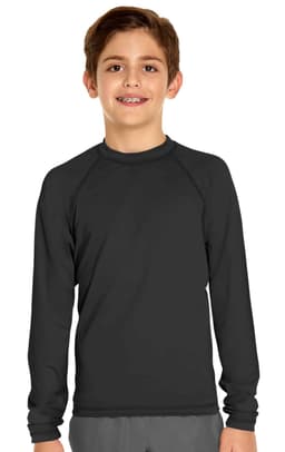 A youth long sleeve rashie in black, featuring a round neckline and raglan sleeves, with a logo on the chest.