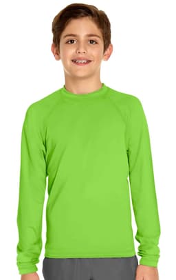 A long sleeve rashie in vibrant green, featuring a crew neck and raglan sleeves, ideal for sun protection.